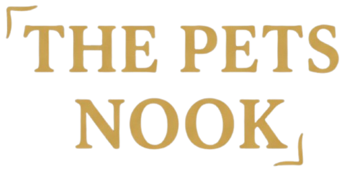The Pets Nook logo in a warm gold serif typeface, centered on a solid white background.
