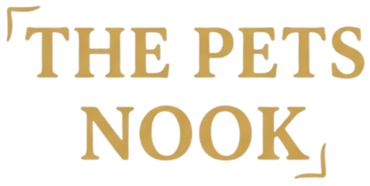 The Pets Nook logo in a warm gold serif typeface, centered on a solid white background.